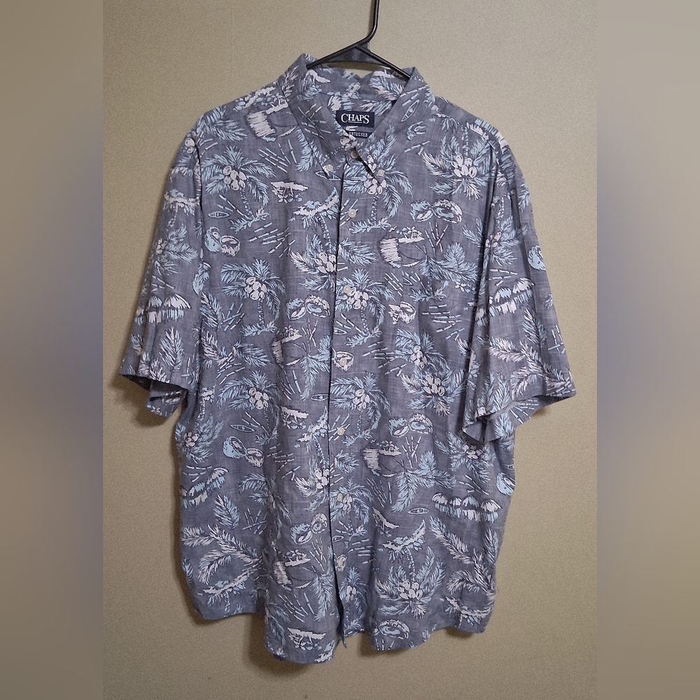 Chaps Go Untucked Hawaiian Palm Tree Blue Gray Button Down Men's Shirt XXL